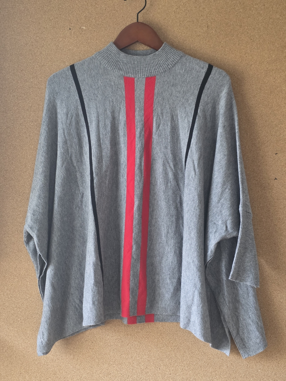 Patrizia Luca Milano Gray Modal Sweater w/ Red Stripe Mock Neck Poncho Tunic OS